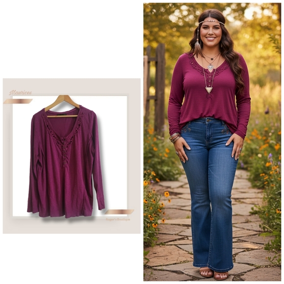 🌿Maurices Plum Long-Sleeve Top with Crochet Henley Neckline - Women's Size 2X - Picture 1 of 12